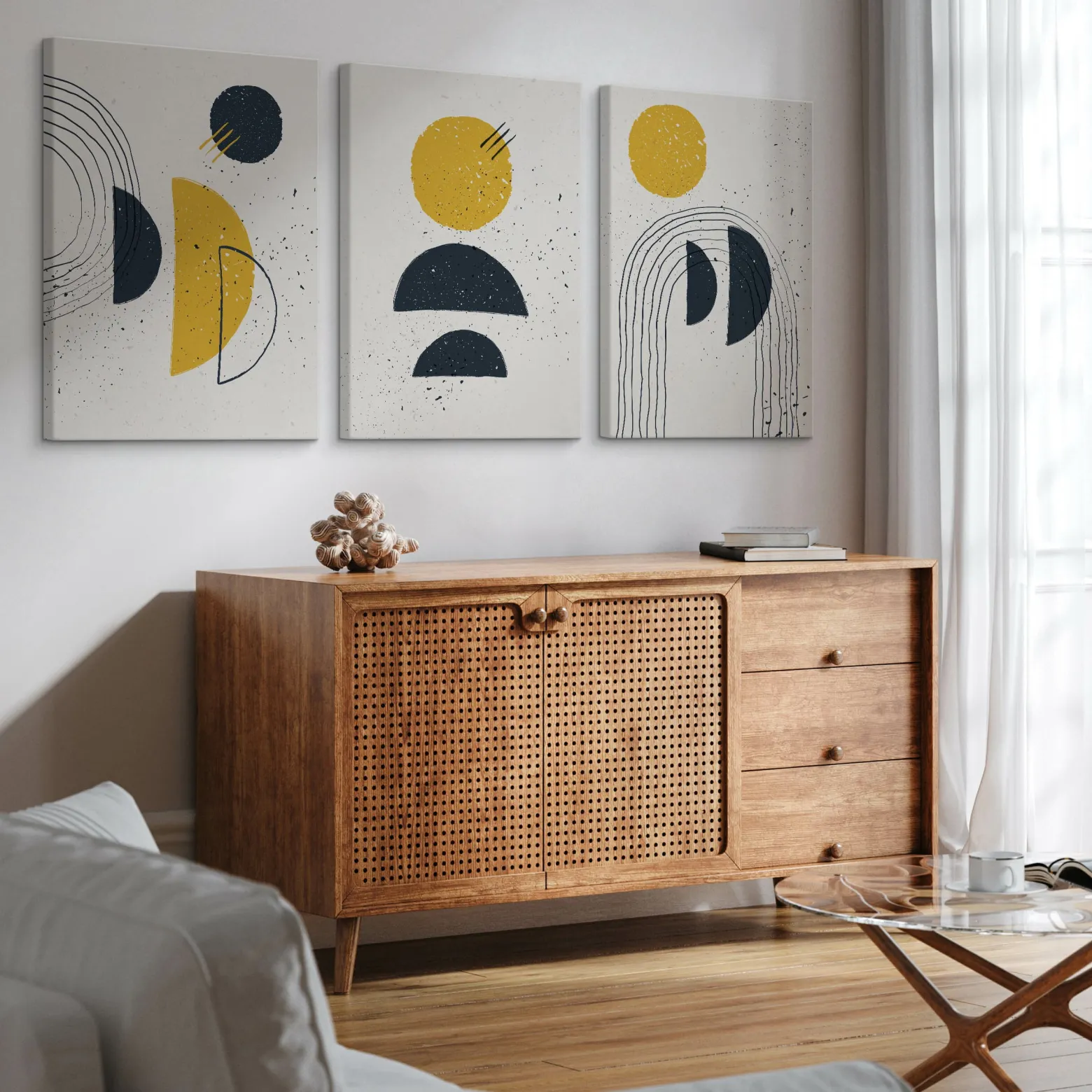 OBRAZY SET ABSTRAKCJA FIGURY GEOMETRYCZNE STYL BOHO 90x40cm