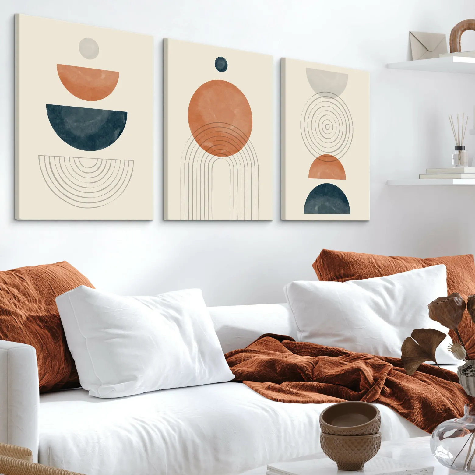 OBRAZY SET FIGURY GEOMETRYCZNE STYL BOHO MINIMALIZM 90x40cm