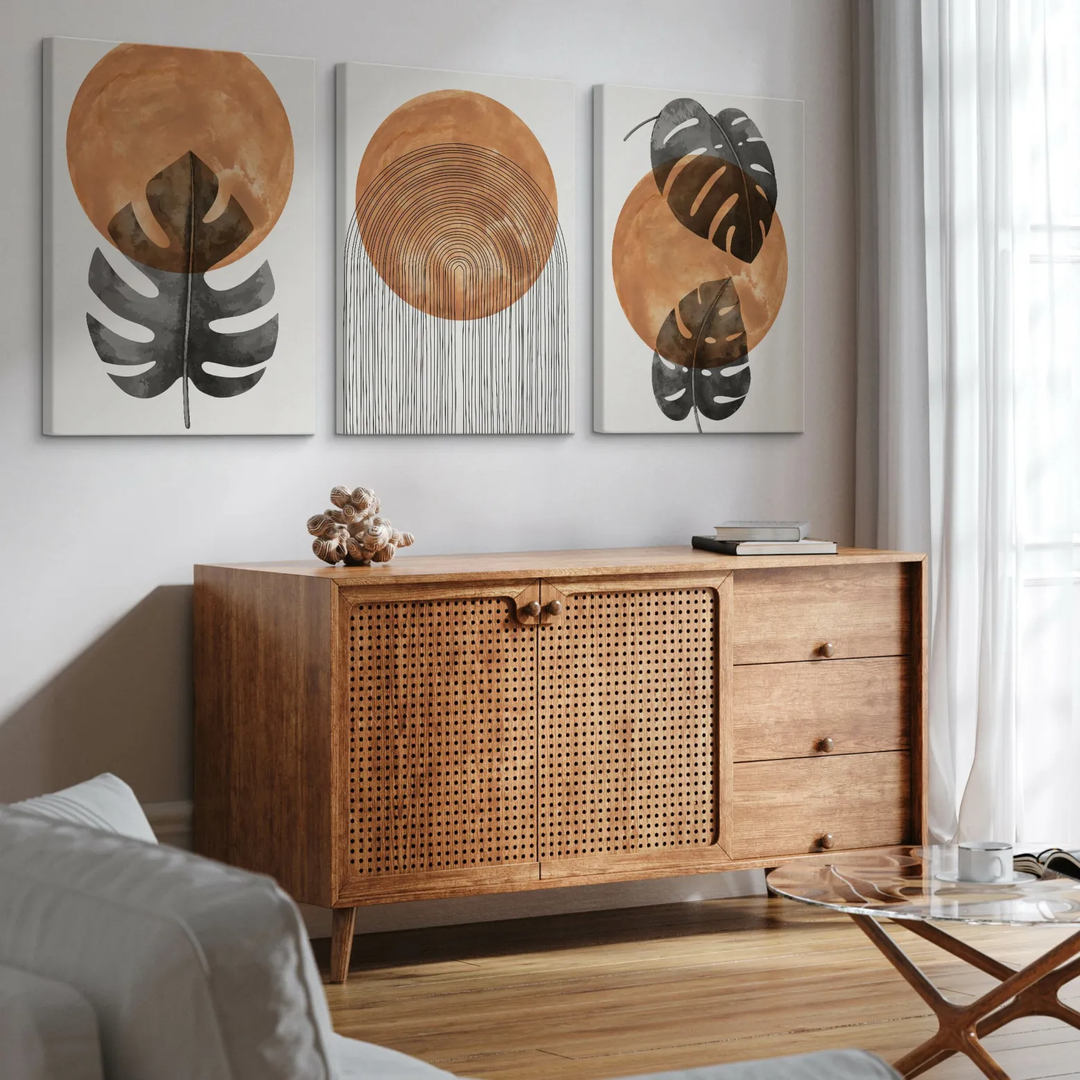 OBRAZY SET LIŚCIE MONSTERY AKWARELE STYL BOHO 90x40cm