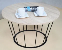 Okrągły Stoliczek Kawowy Z Drutu Loft 75x75x43 Czarny+Blat Dąb Sonoma