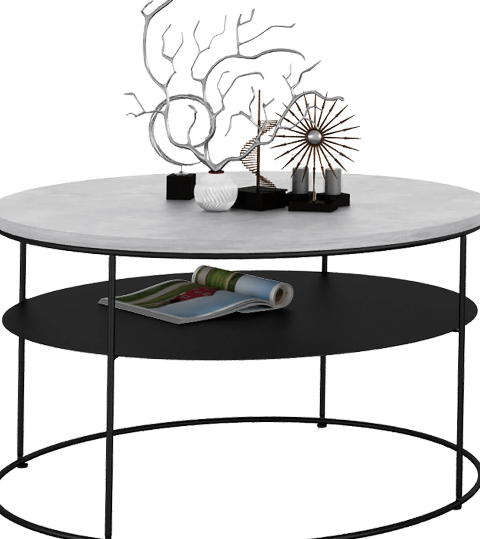 Okrągły Stolik Kawowy z Półką Salon Loft Metal 75x75x43 Czarny+Beton Jasny