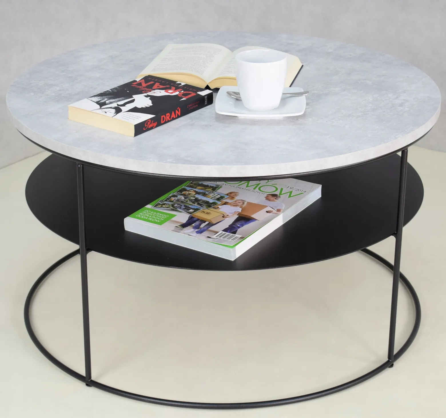 Okrągły Stolik Kawowy z Półką Salon Loft Metal 75x75x43 Czarny+Beton Jasny