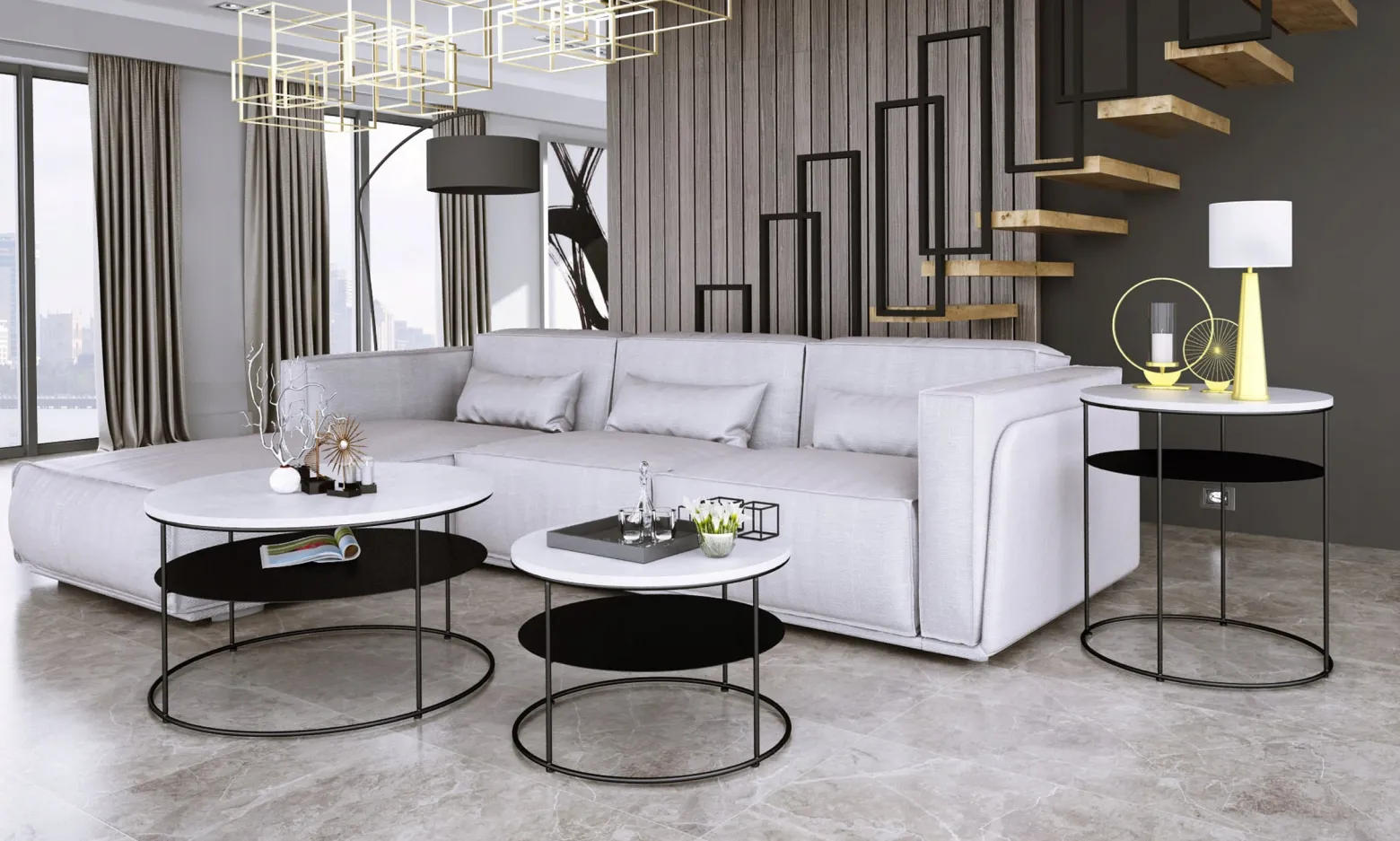 Okrągły Stolik Kawowy z Półką Salon Loft Metal 75x75x43 Czarny+Beton Jasny