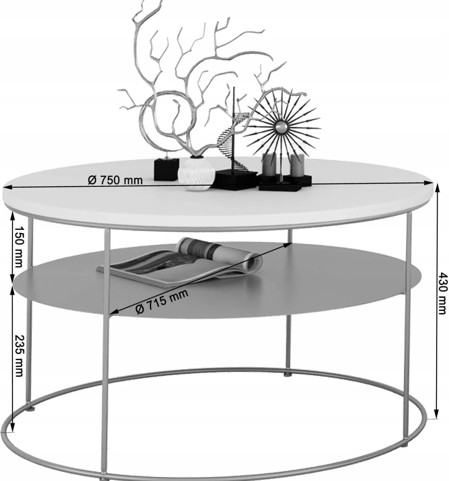 Okrągły Stolik Kawowy z Półką Salon Loft Metal 75x75x43 Czarny+Beton Jasny