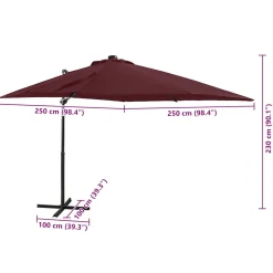 Parasol Ogrodowy Bordowy Wiszący z Podstawą i Oświetleniem 250 cm