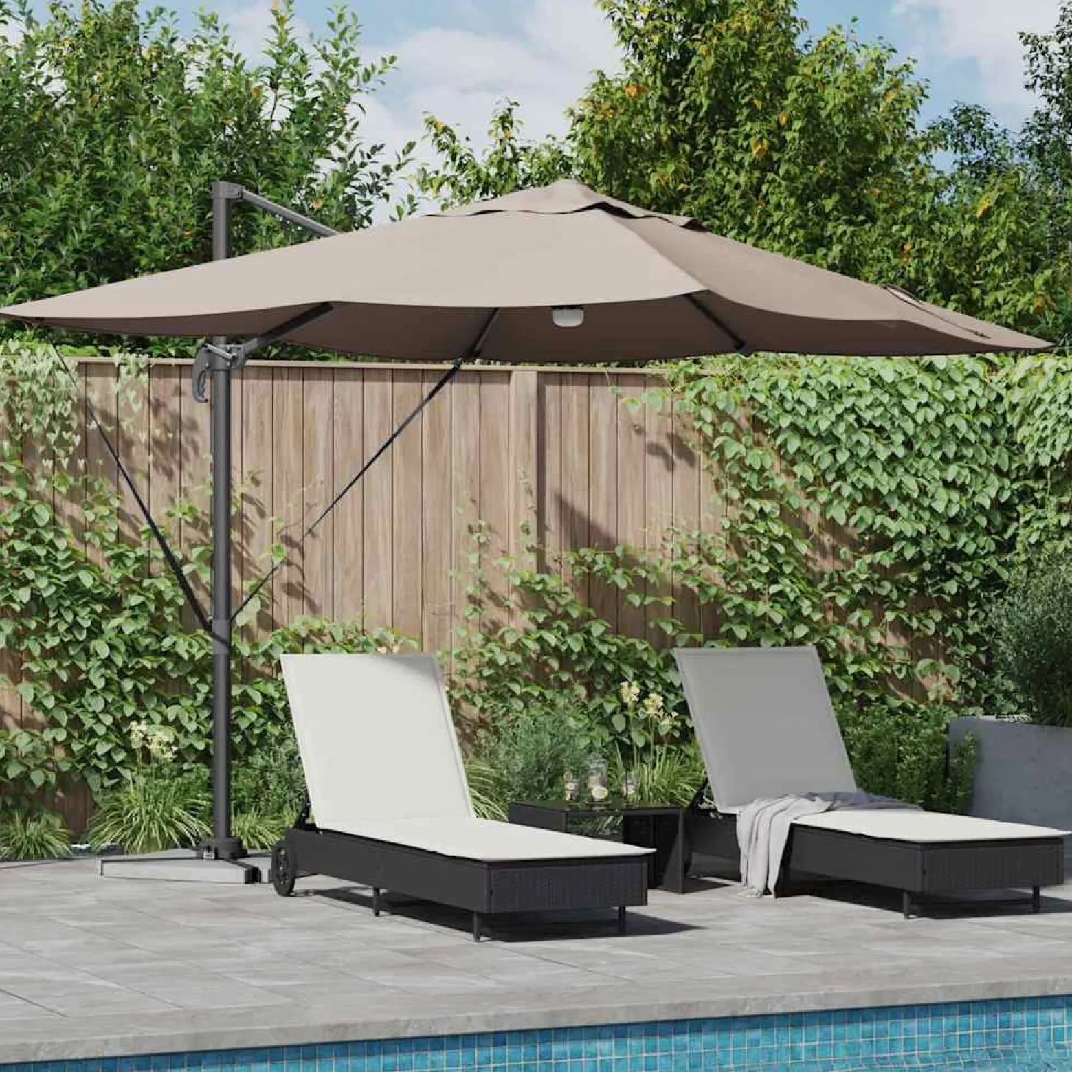Parasol Ogrodowy Szary Składany z Podstawą Na Taras Ogród LED 351 x 250