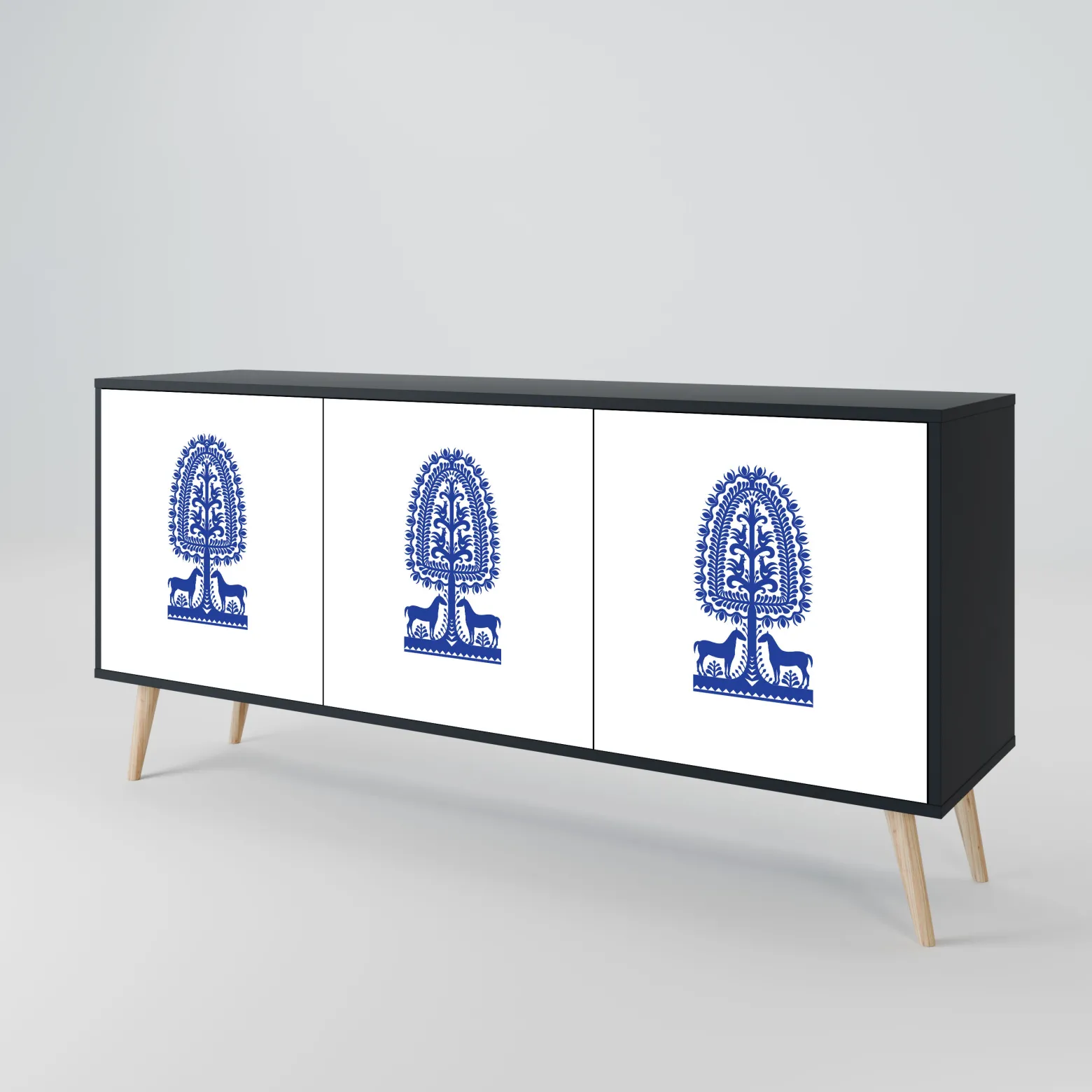 POLISH FOLK ART Komoda 3 drzwi Czarna-Bukowa skośna