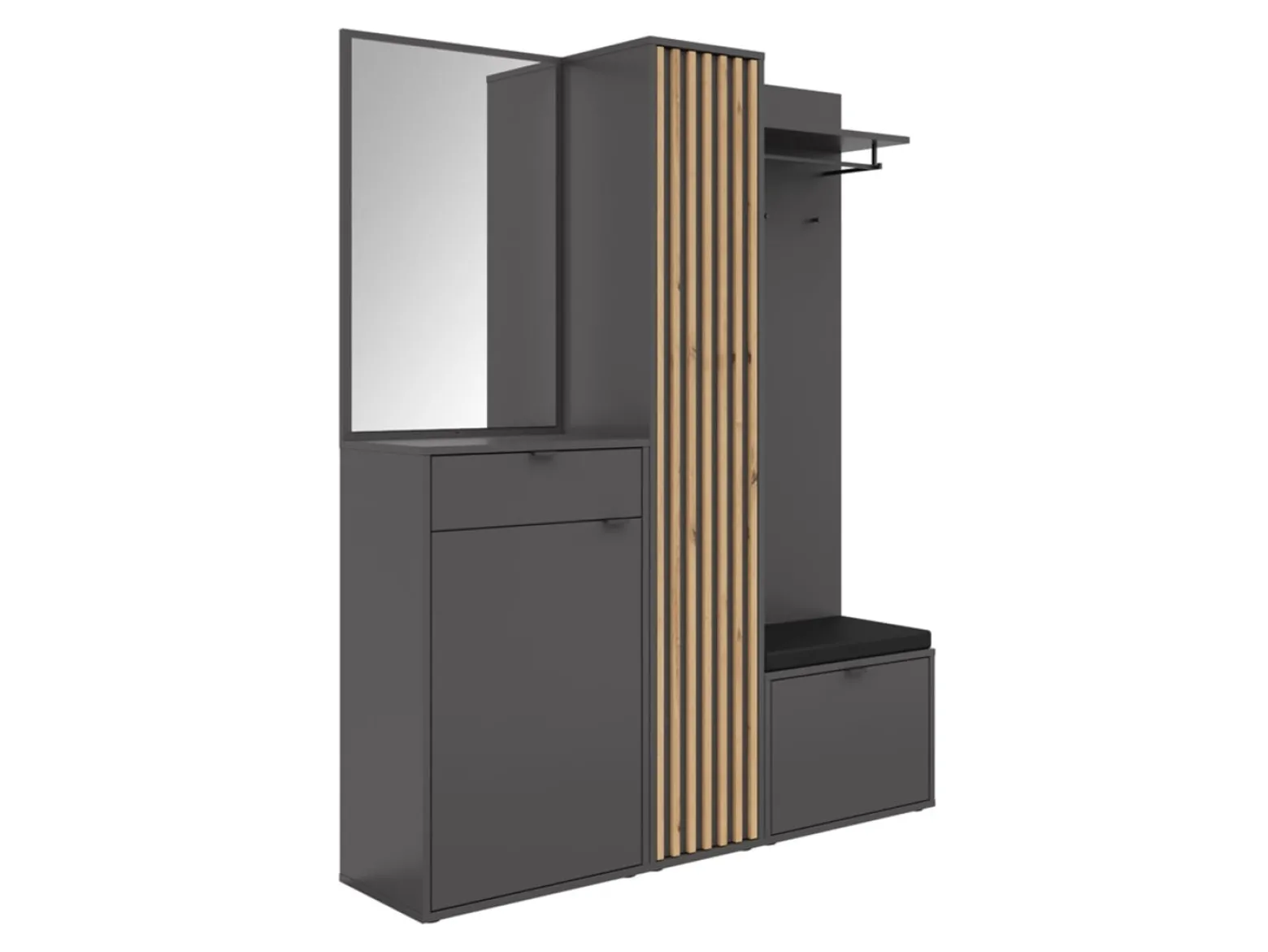 Przedpokój Phil 156 cm z komodą regałem lustrem wieszakiem i siedziskiem dąb artisan/antracyt