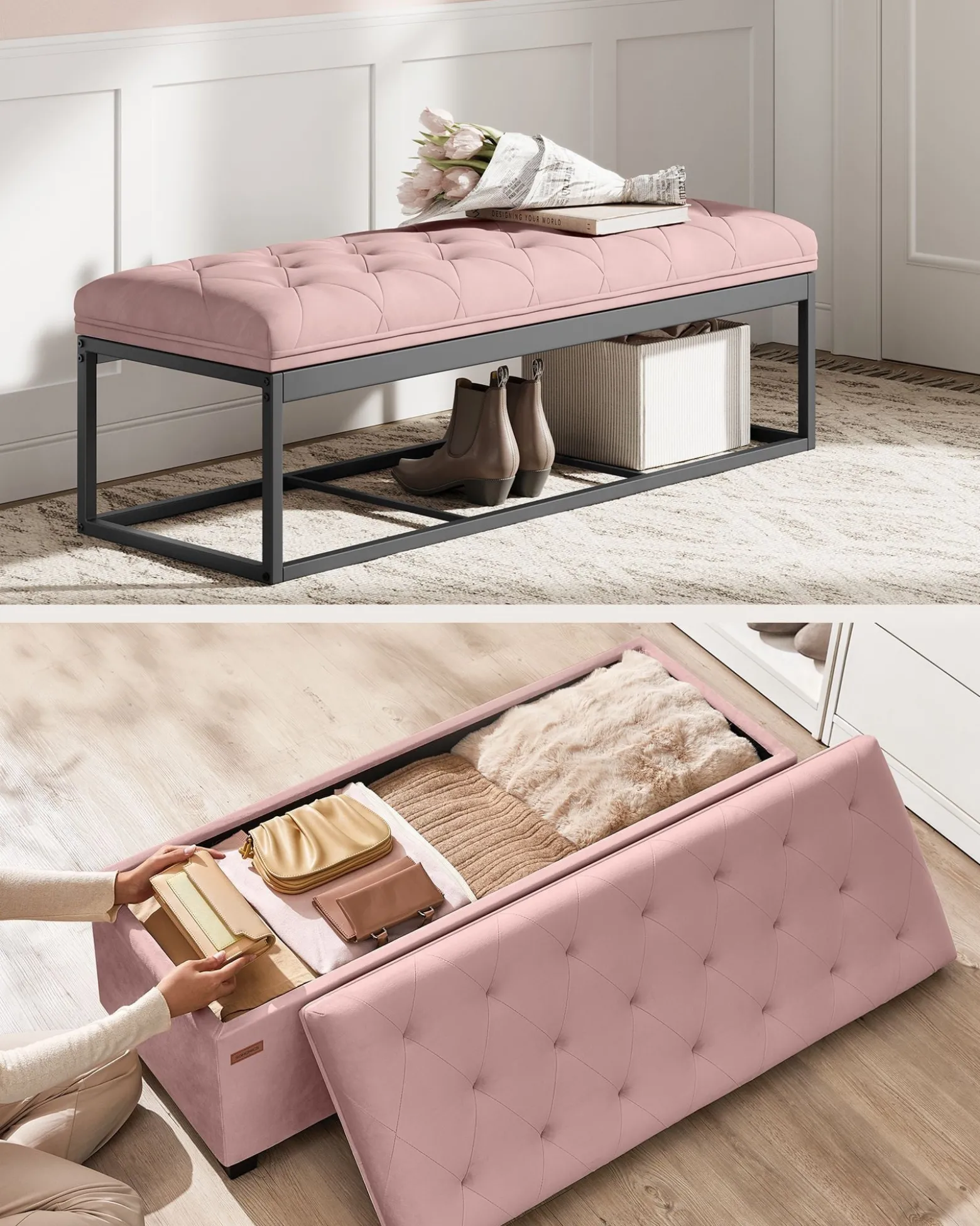 Pufa z ławką na buty 2 w 1 pastelowy róż dla dziewczynki 110 cm