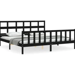 Rama łóżka z wezgłowiem czarna 200x200 cm lite drewno