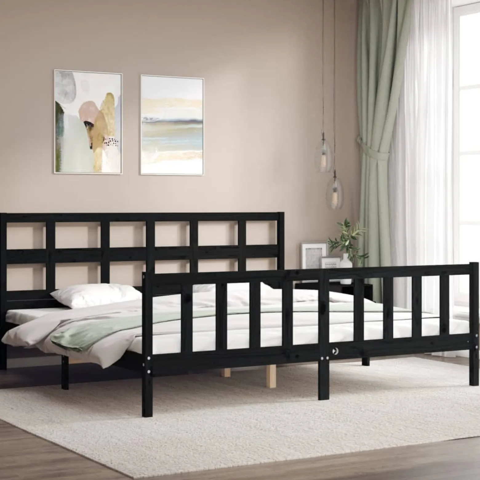 Rama łóżka z wezgłowiem czarna 200x200 cm lite drewno