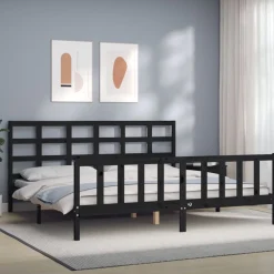 Rama łóżka z wezgłowiem czarna 200x200 cm lite drewno