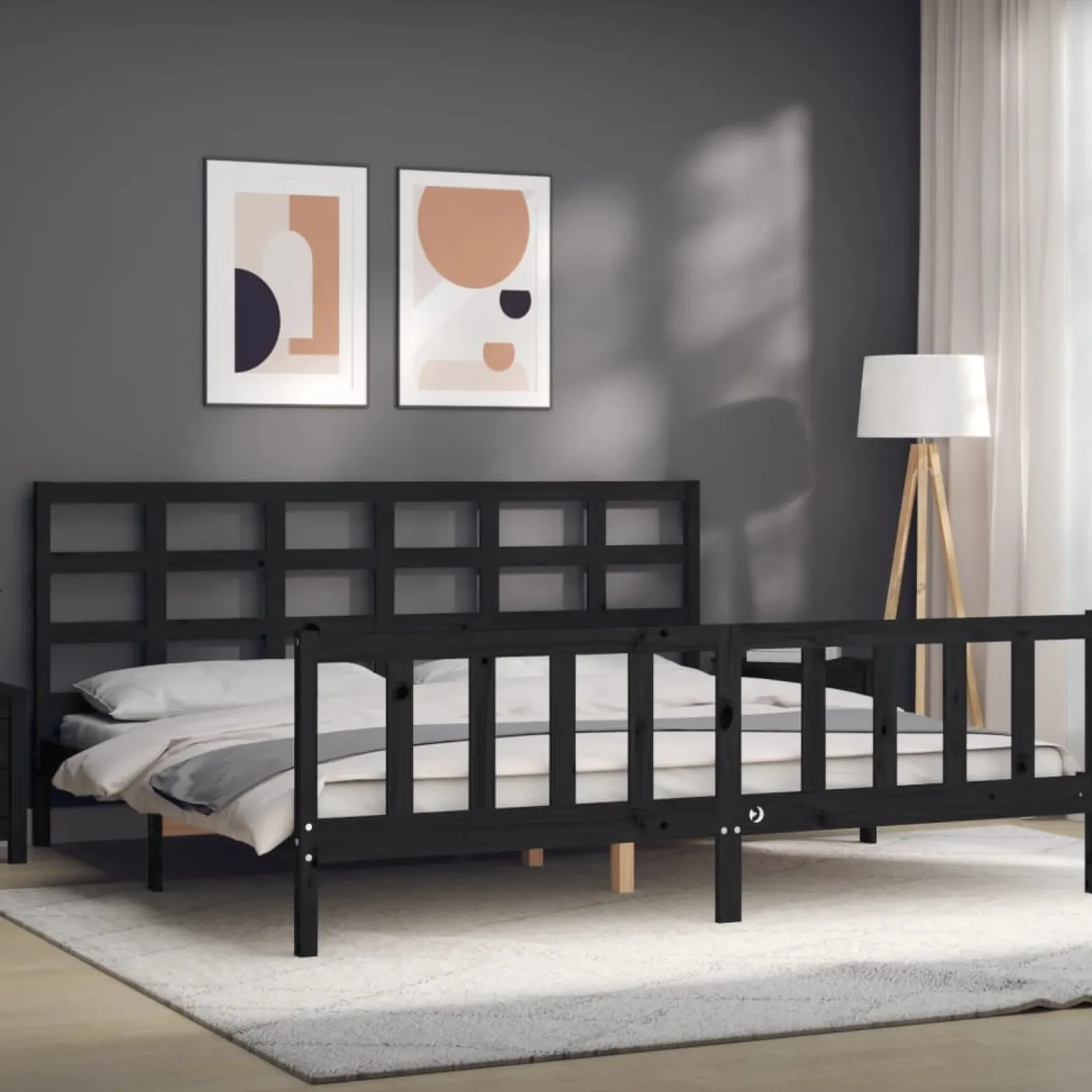 Rama łóżka z wezgłowiem czarna 200x200 cm lite drewno