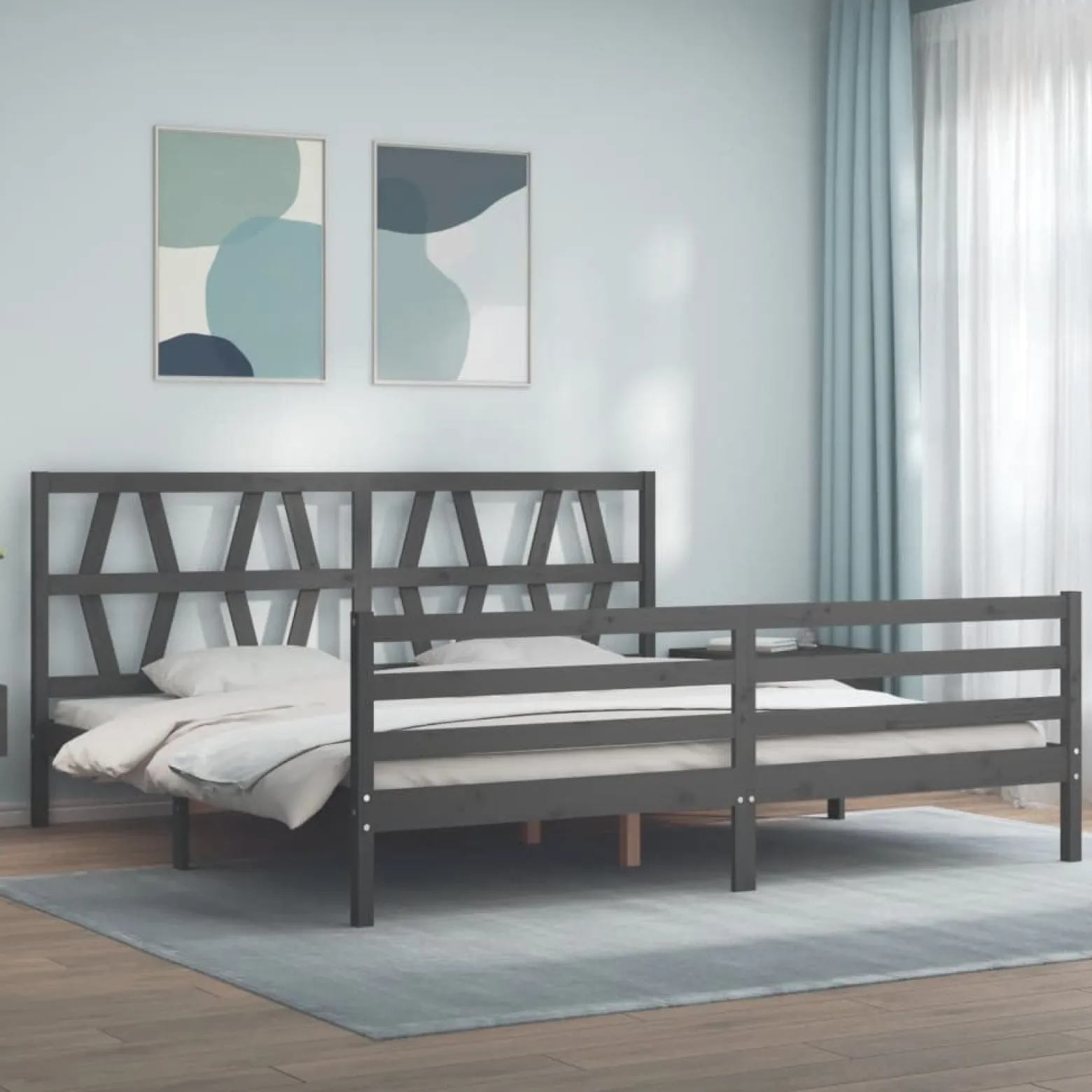 Rama łóżka z wezgłowiem szara 200x200 cm lite drewno