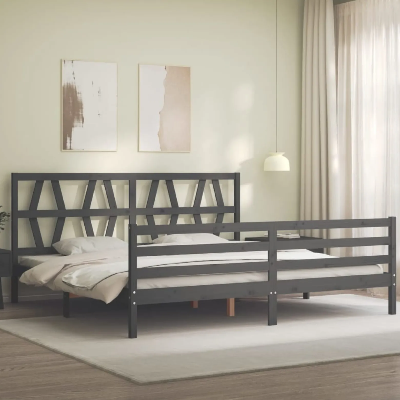 Rama łóżka z wezgłowiem szara 200x200 cm lite drewno