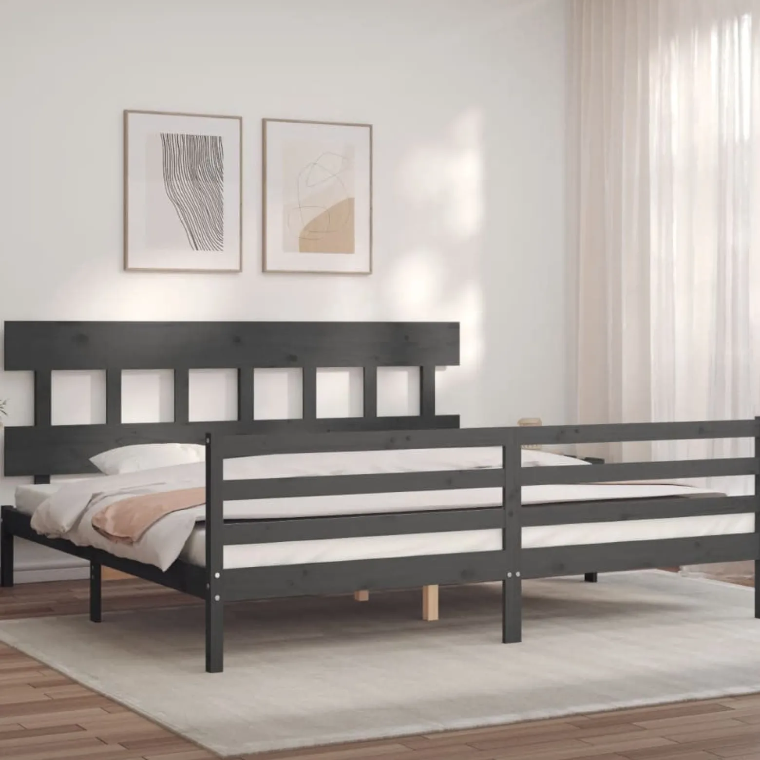 Rama łóżka z wezgłowiem szara 200x200 cm lite drewno