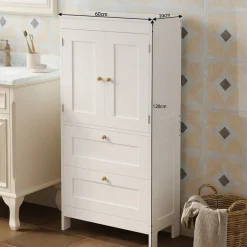 Regał łazienkowy szafka wolnostojąca 2 szuflady drzwiczki biały loft 120 cm