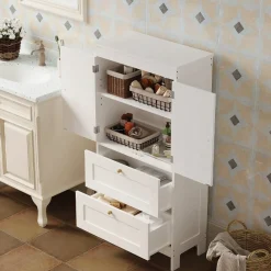 Regał łazienkowy szafka wolnostojąca 2 szuflady drzwiczki biały loft 120 cm