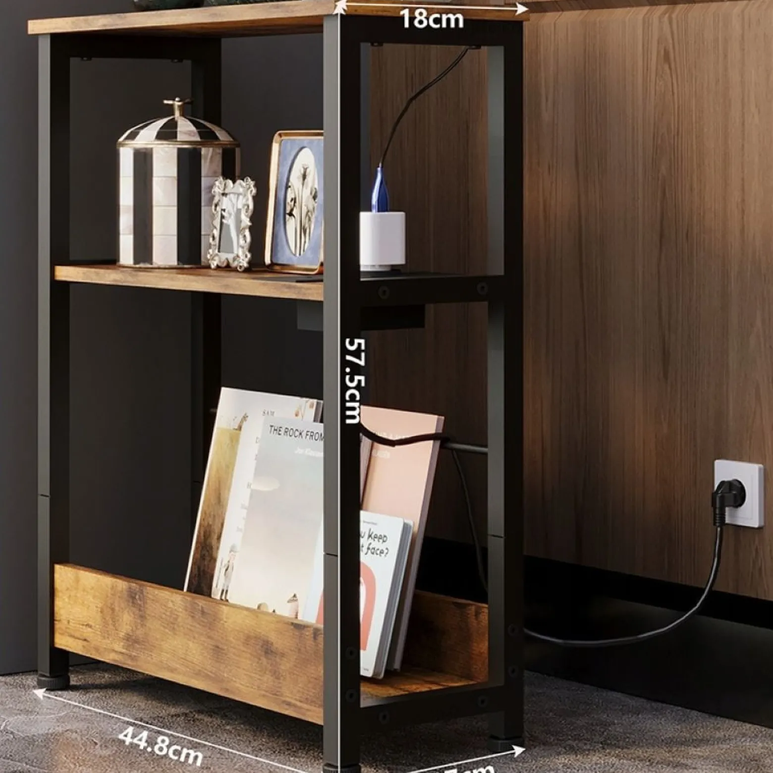 Regał do salonu półka z wejściem usb na książki brąz loft pojemna szafka
