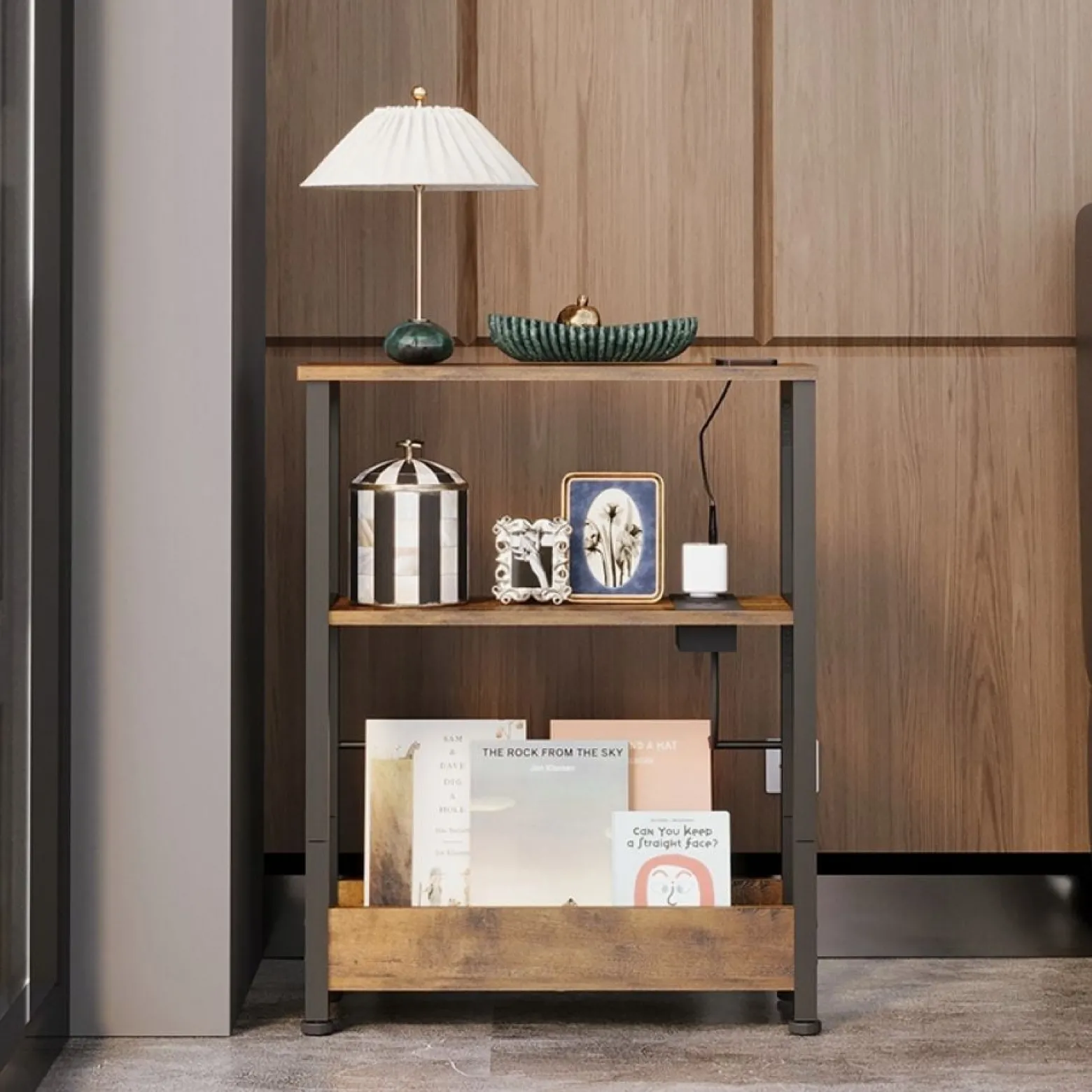 Regał do salonu półka z wejściem usb na książki brąz loft pojemna szafka