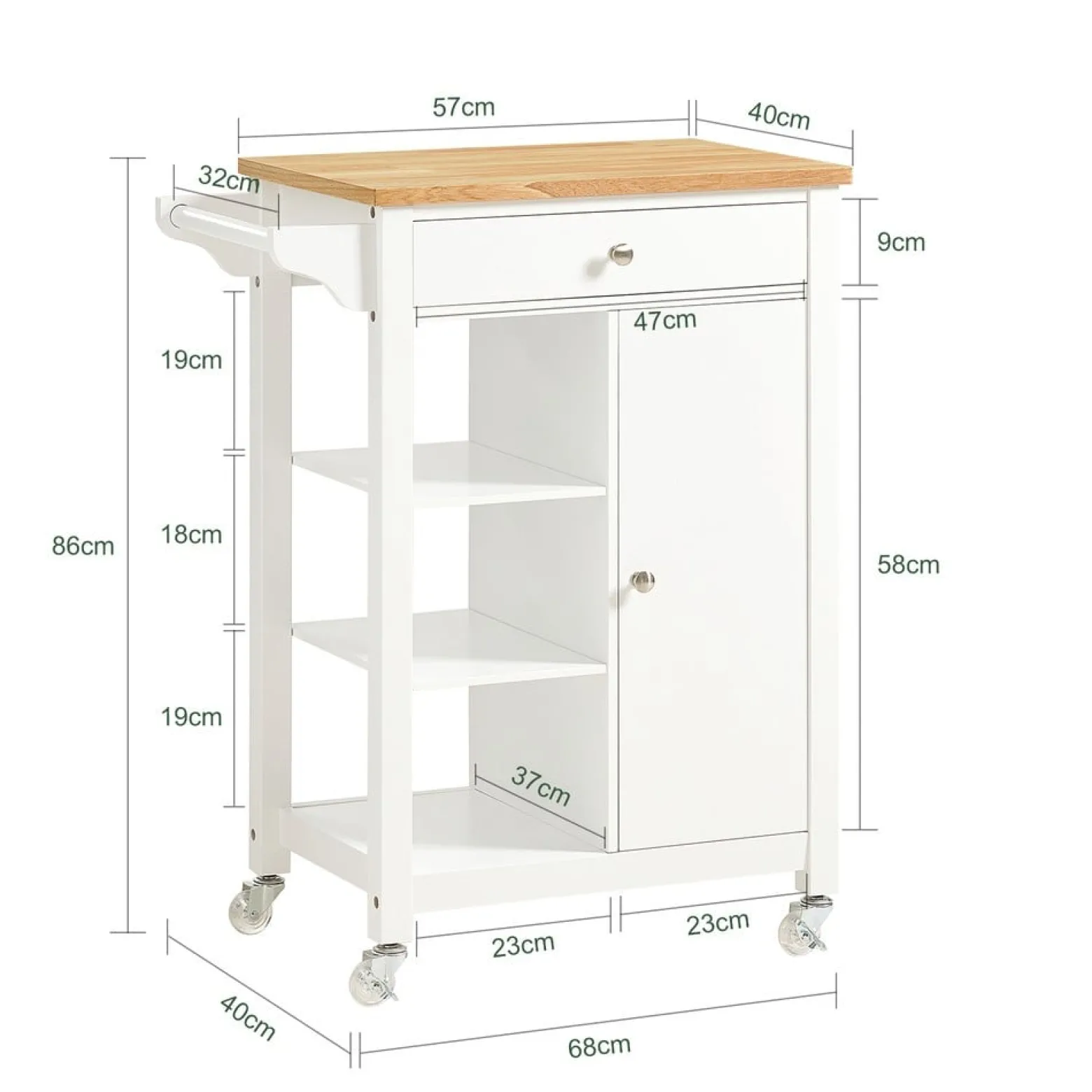 SoBuy Wózek kuchenny z szufladą Biały 67.5x40x86.5cm Nowoczesny FKW46-NW