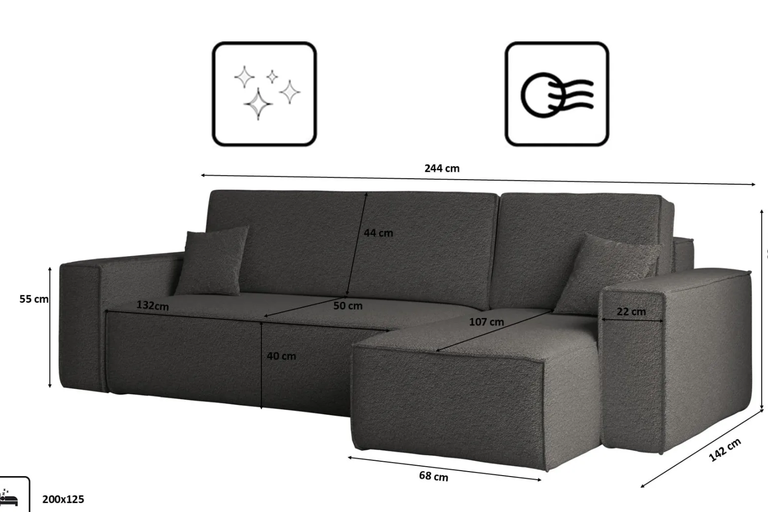 Sofa w kształcie L BEST, tkanina Abriamo, Grafitowy Prawostronny