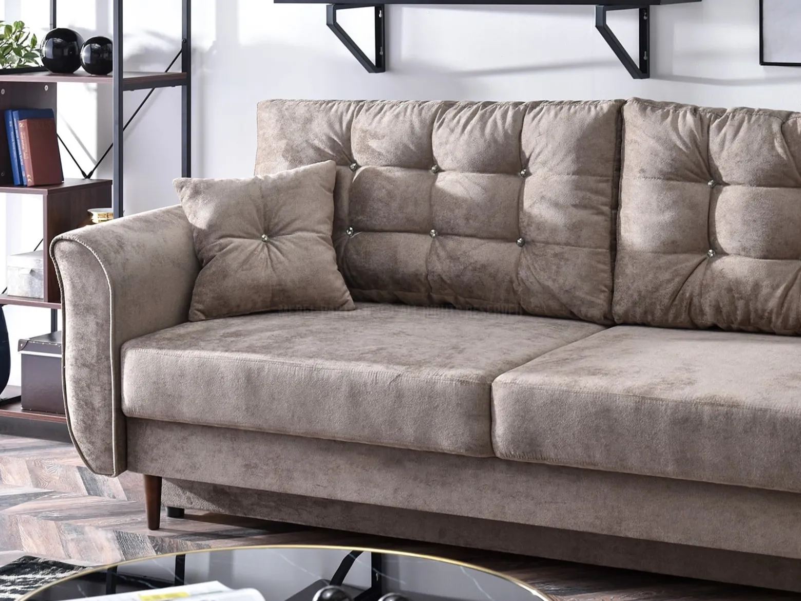 Sofa Lanti Beżowy Welur, Podstawa Orzech