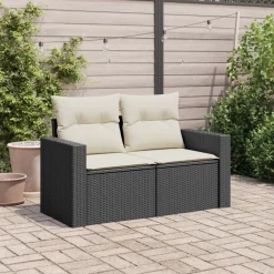 Sofa Ogrodowa Czarna z Poduszkami Fotel Siedzisko Na Taras Balkon