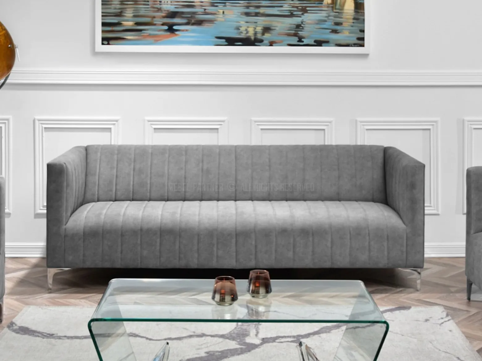 Sofa Roni-3 Szary Tkanina, Podstawa Chrom