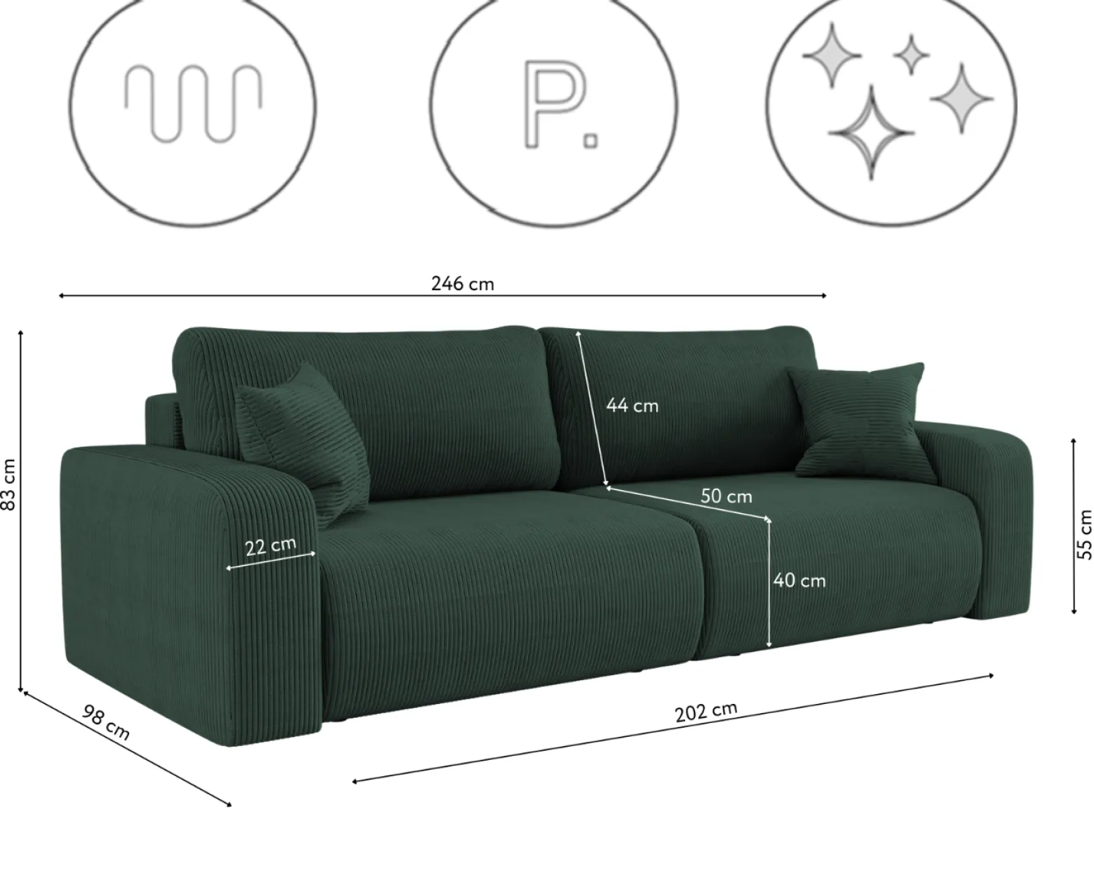 Sofa rozkładana MILANO z pojemnikiem na pościel tkanina Poso Zielony