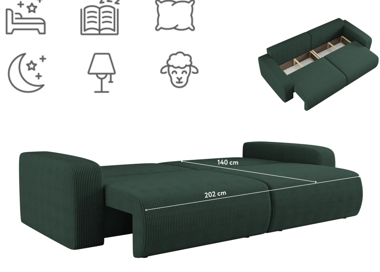 Sofa rozkładana MILANO z pojemnikiem na pościel tkanina Poso Zielony