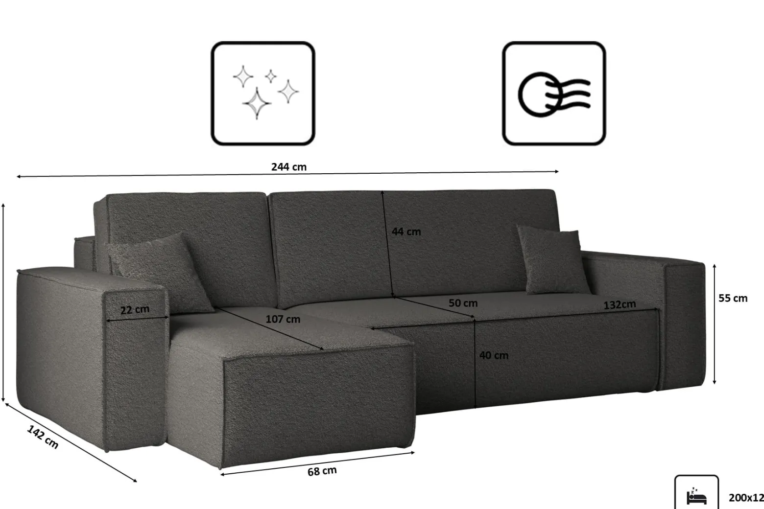 Sofa w kształcie L BEST, tkanina Abriamo, Grafitowy Lewostronny