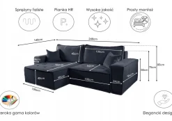 Sofa w kształcie L BOHOO narożnik, tkanina Raven, Grafitowy Lewostronny