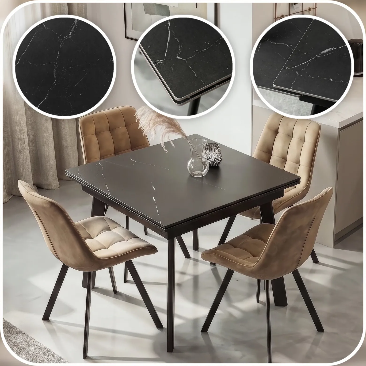 Stół Ceramiczny Rozkładany Do Jadalni Salonu Kuchni Czarny LARES 90-150 cm