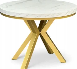 Stół okrągły rozkładany 110/210 cm nogi X złote + biały marmur + maskownica