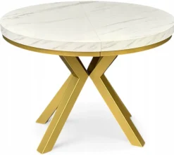 Stół okrągły rozkładany 110/210 cm nogi X złote + biały marmur + maskownica
