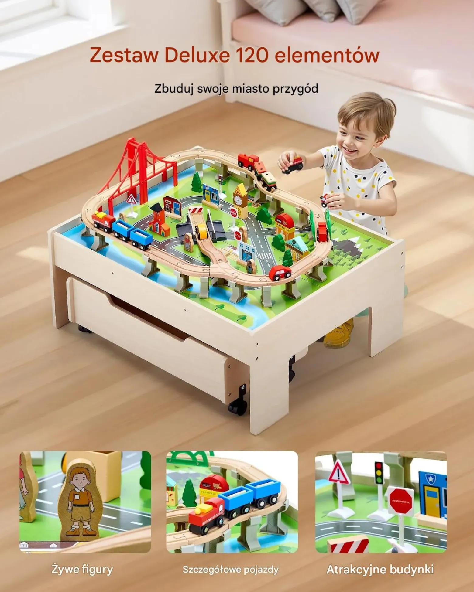 Stolik drewniany dla dzieci z torami i 100 klockami, 3w1, 3+