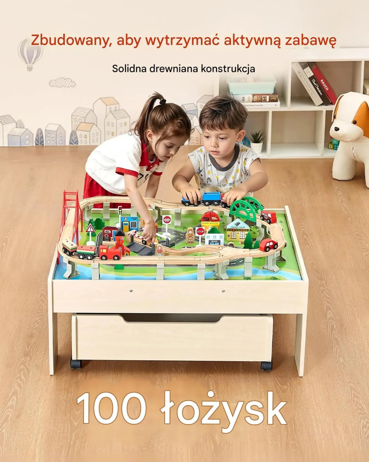 Stolik drewniany dla dzieci z torami i 100 klockami, 3w1, 3+