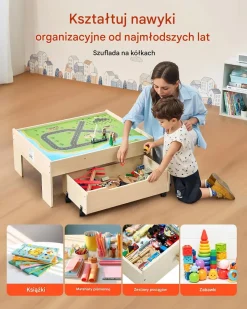 Stolik drewniany dla dzieci z torami i 100 klockami, 3w1, 3+