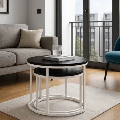 Stoliki Kawowe Okrągłe 53×45cm 43×35 Zestaw Stolików Wzór Czarny Marmur 2w1