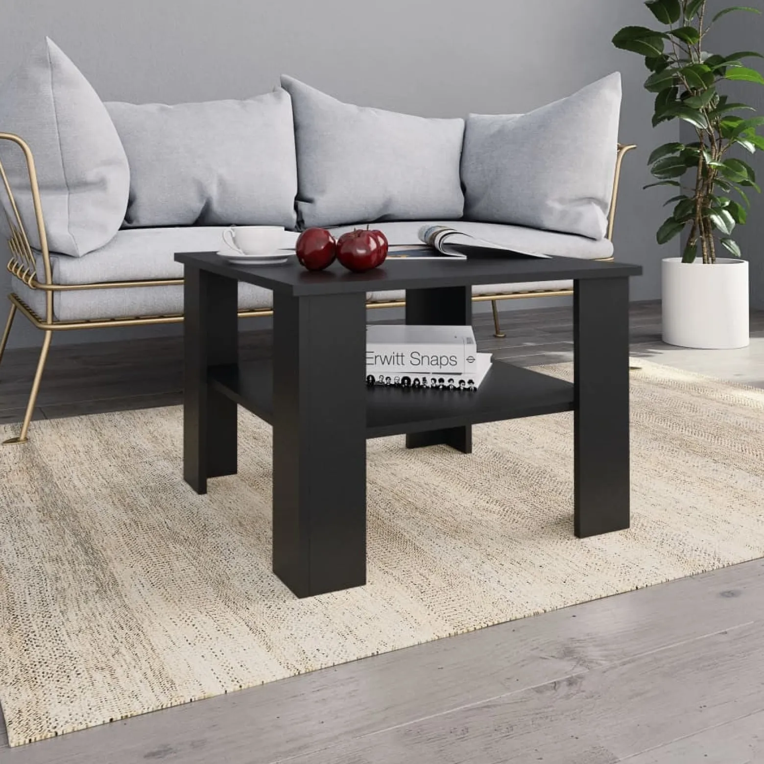 Stolik Kawowy Ława Stół Czarny 60x60x42 Półka Do Salonu Do Pokoju