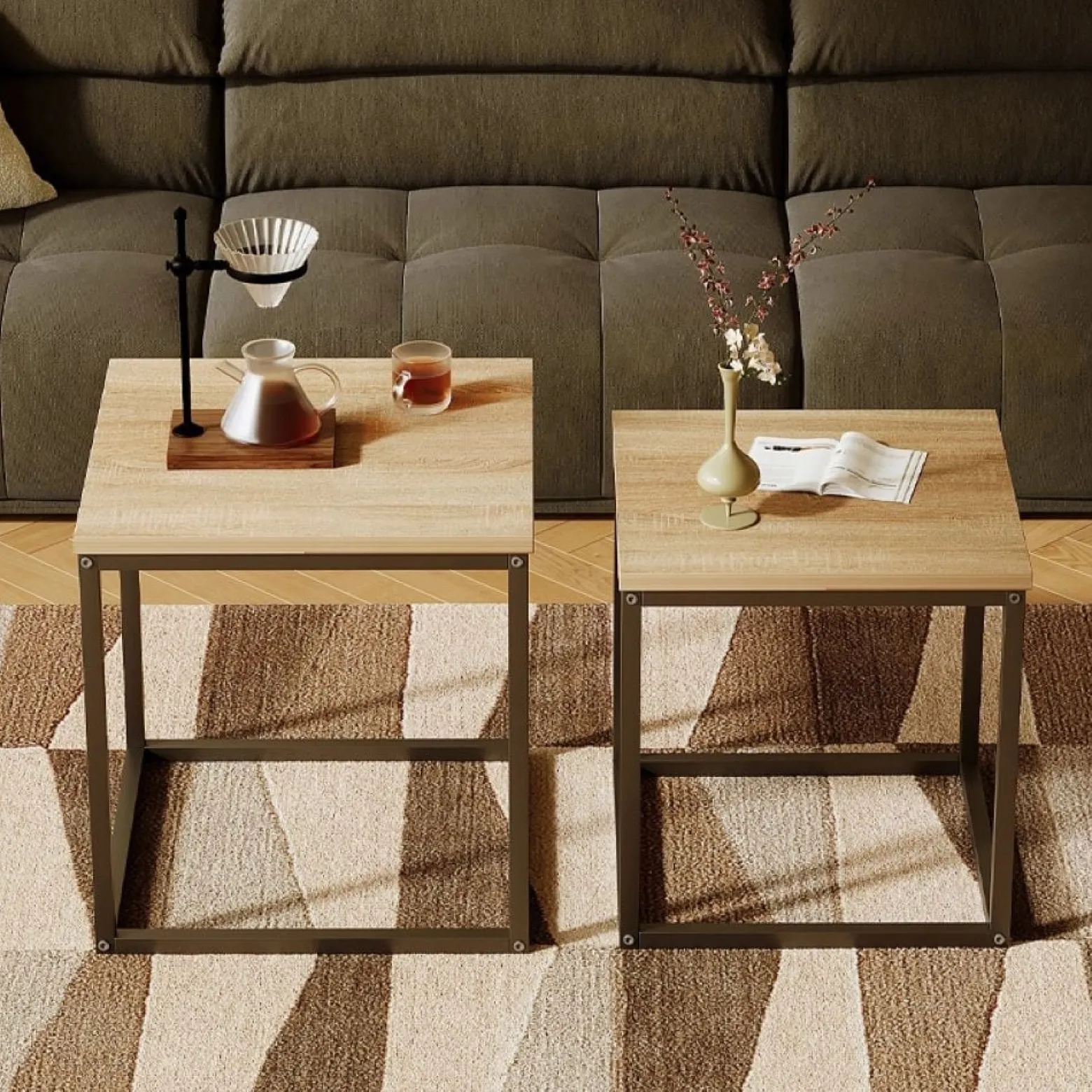 Stolik kawowy ława stół zestaw stolików 2w1 loft industrial jasny brąz 50cm