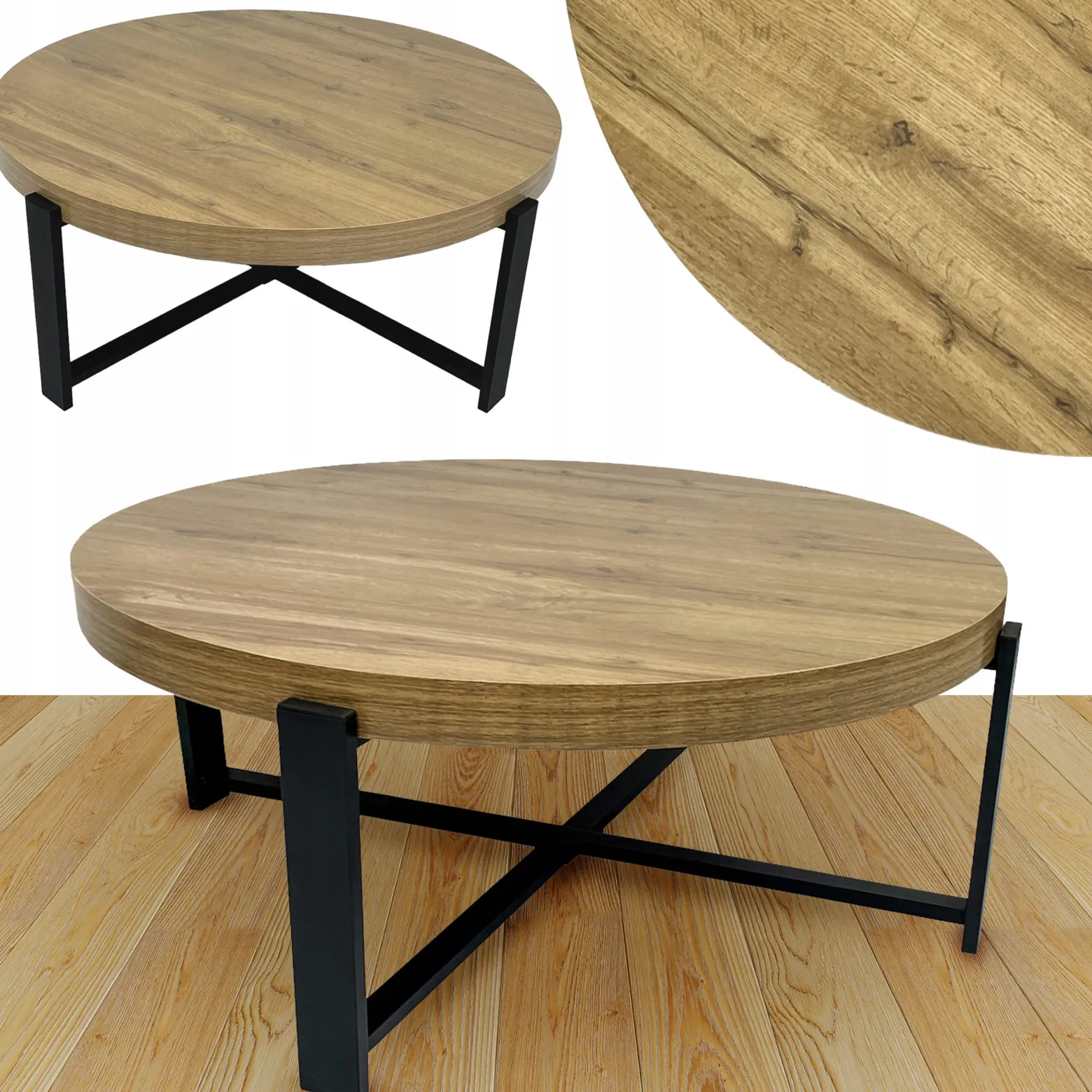 Stolik kawowy salonu sypialni okrągły fi80cm industrialny loft SK124D dąb
