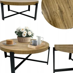 Stolik kawowy salonu sypialni okrągły fi80cm industrialny loft SK124D dąb