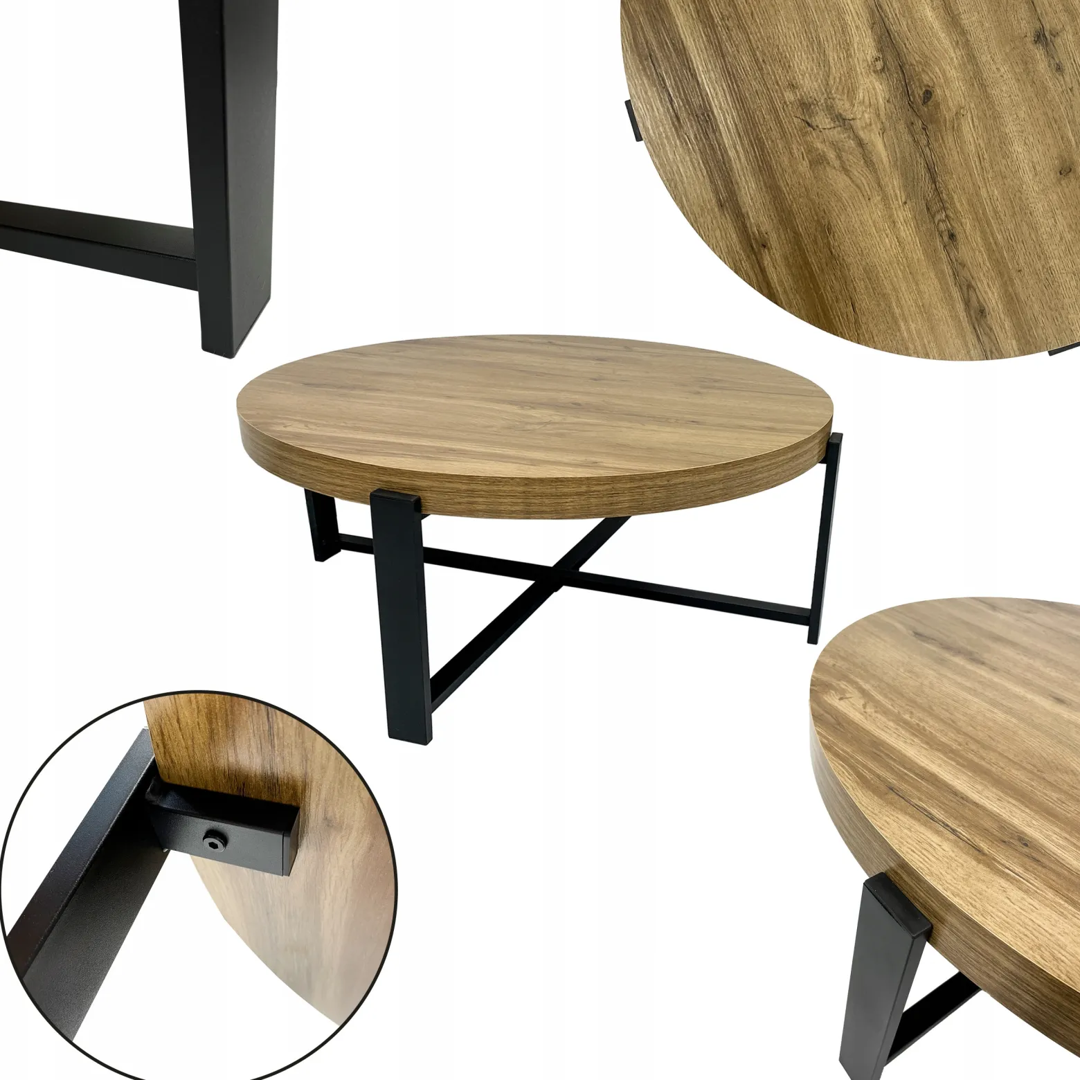 Stolik kawowy salonu sypialni okrągły fi80cm industrialny loft SK124D dąb