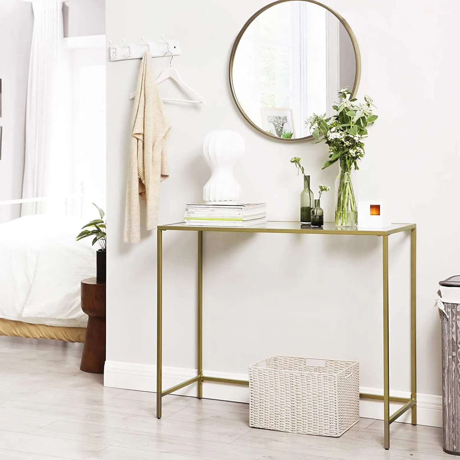 Stolik konsola glamour szklany blat złota metalowa rama 100x35 cm
