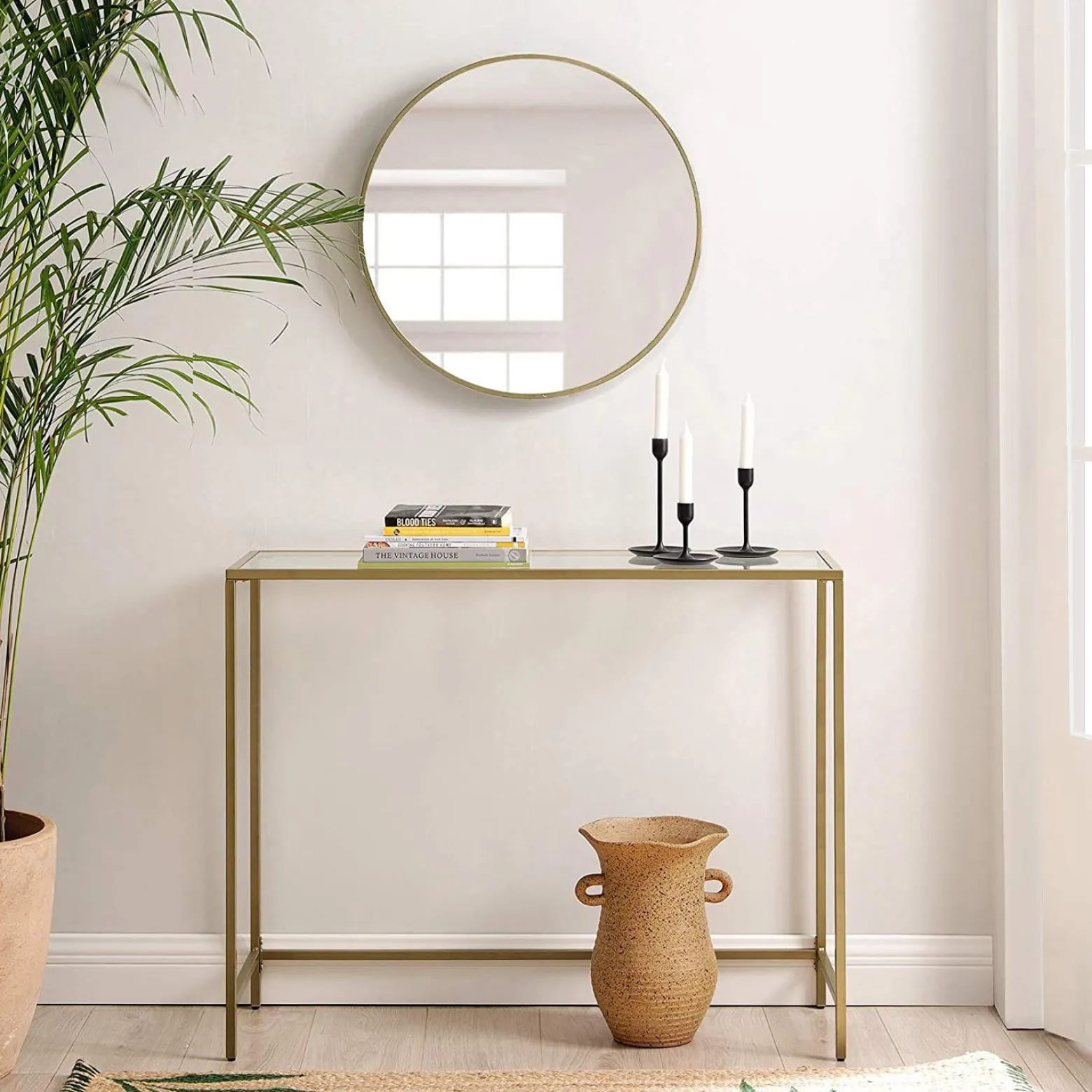 Stolik konsola glamour szklany blat złota metalowa rama 100x35 cm