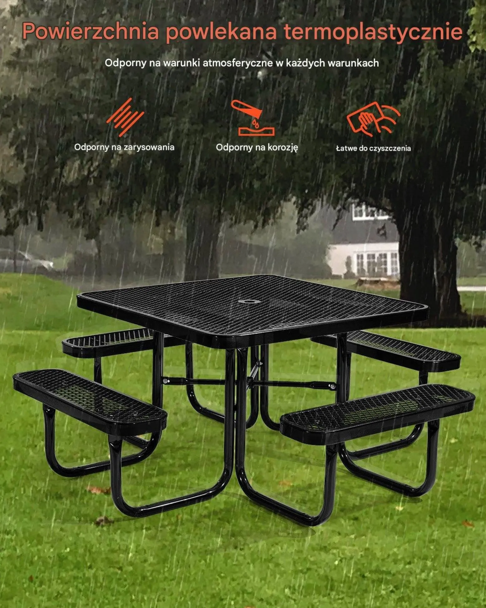 Stół piknikowy ogrodowy 116 cm - odporny na warunki z otworem na parasol
