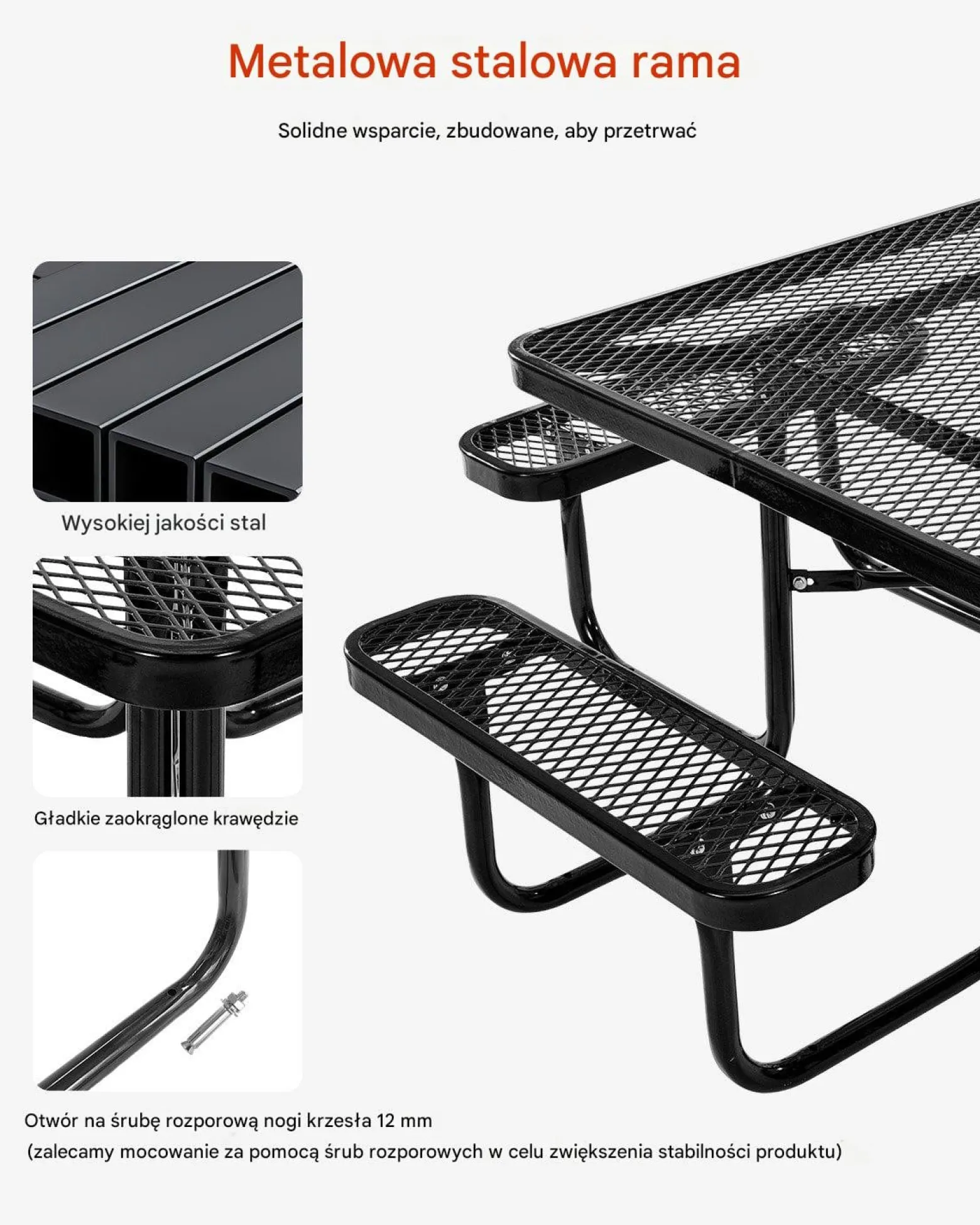 Stół piknikowy ogrodowy 116 cm - odporny na warunki z otworem na parasol