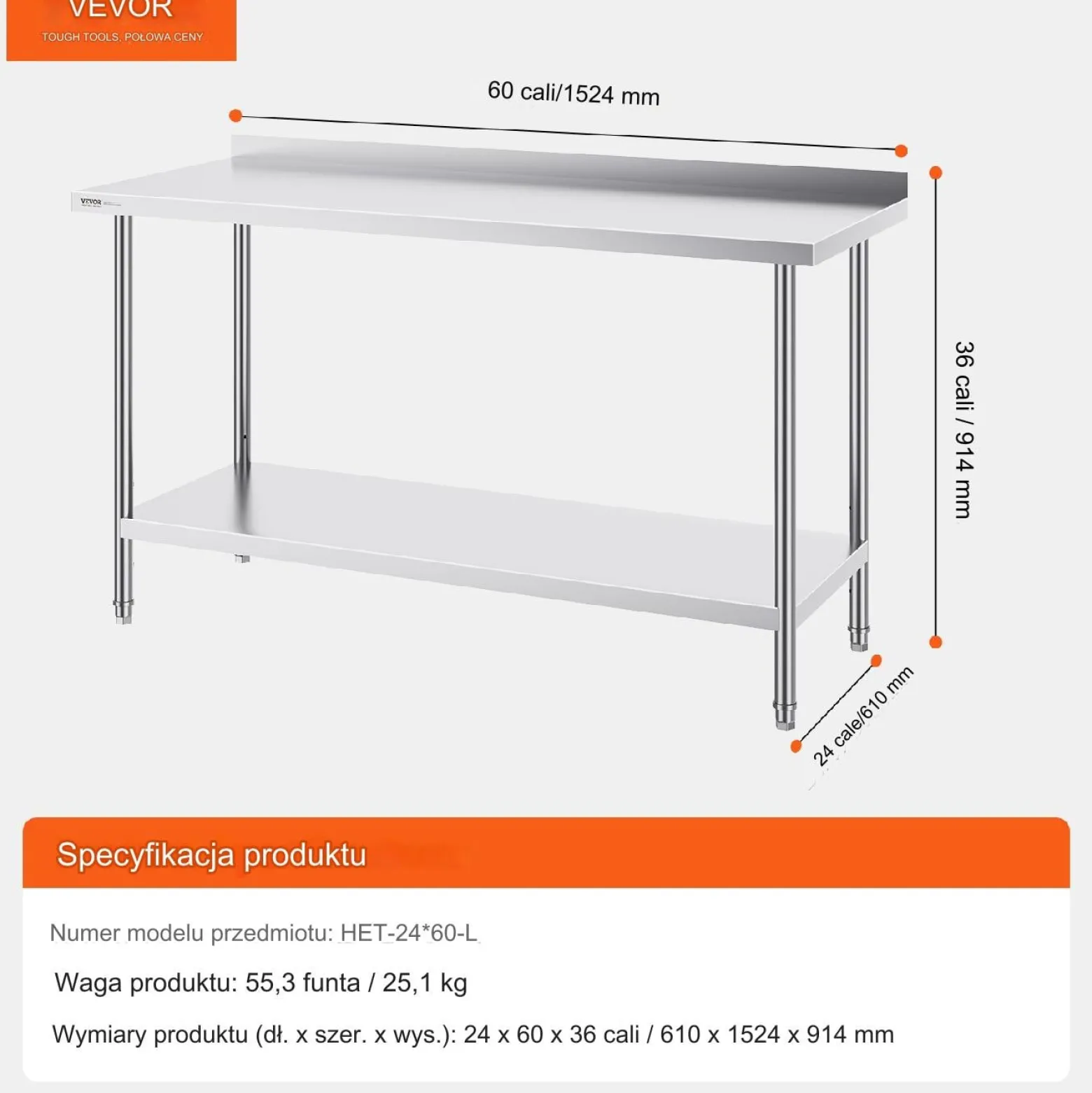 Stół Roboczy Gastronomiczny ze Stali Nierdzewnej – 61x91x152 cm